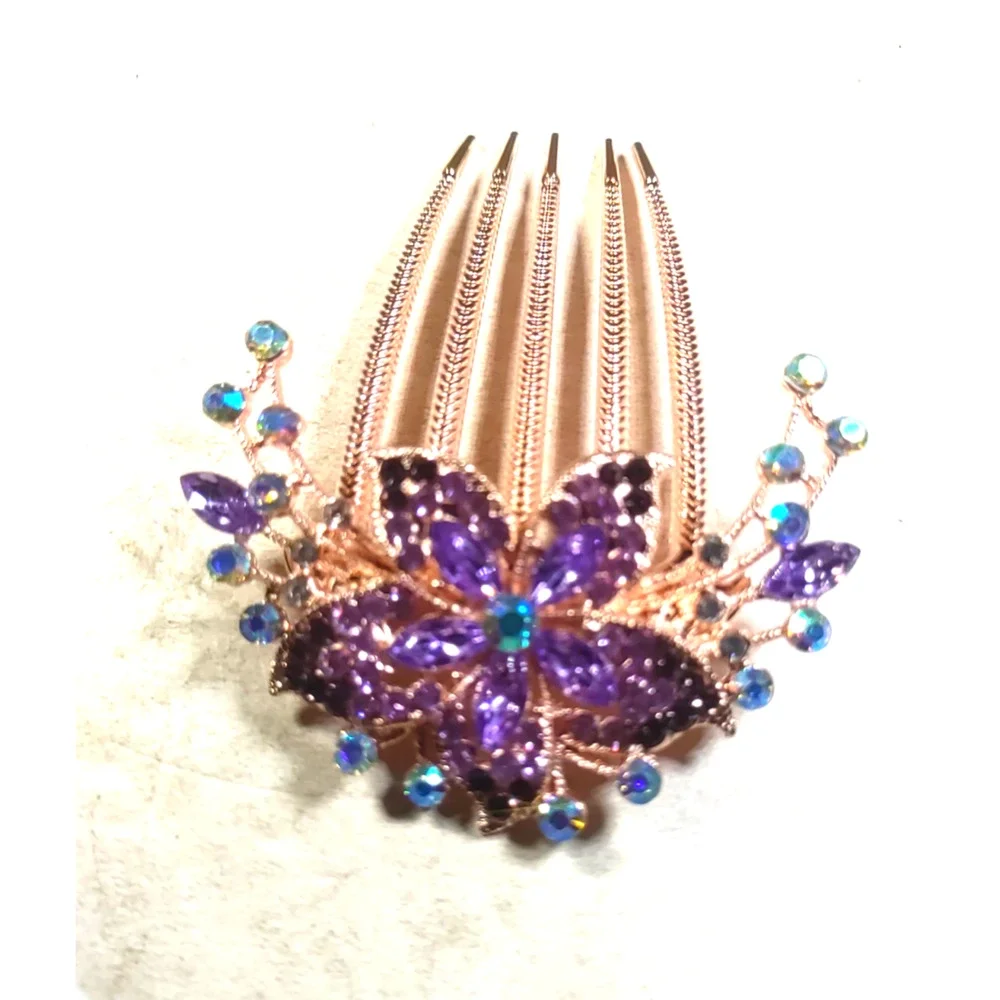 Hair Comb Barrette Purple Rose Gold Large Floral Hair Bun Updo